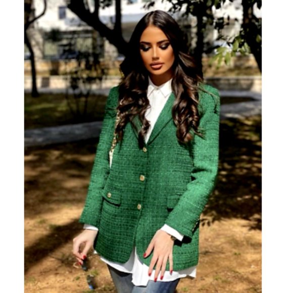 ZARA NEW WOMAN TEXTURED WEAVE TAILORED BLAZER JACKET GREEN 2761/062 Size S - Picture 1 of 15